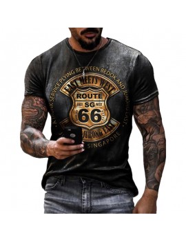 Summer New Mens T Shirts Oversized Loose Clothes Vintage Short Sleeve Fashion America Route 66 Letters Printed O Collared Tshirt