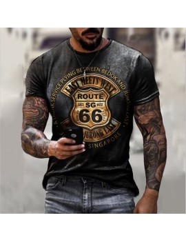 Summer New Mens T Shirts Oversized Loose Clothes Vintage Short Sleeve Fashion America Route 66 Letters Printed O Collared Tshirt