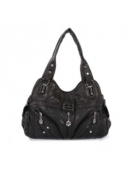 Women Soft Leather Handbag Multi-pocket Solid Casual Shoulder Bag