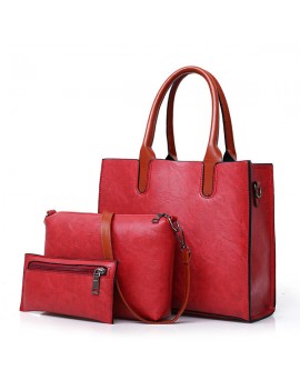 Women Three-piece Set Vintage Faux Leather Handbag Shoulder Bag Wallet